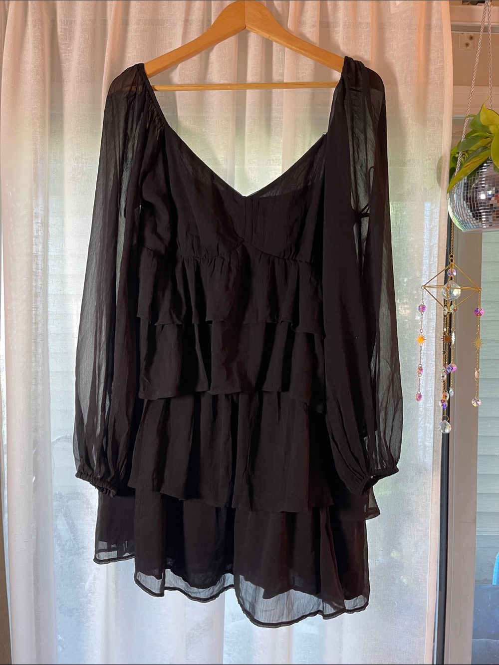 Abercrombie & Fitch Black Sheer-Sleeve Tiered Mini Dress